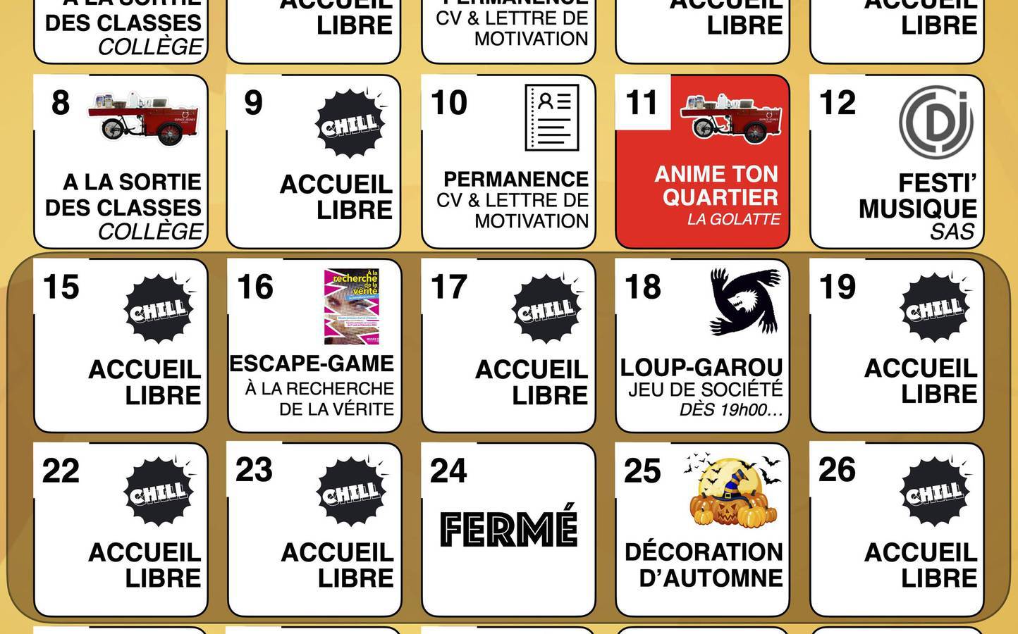 Au programme en octobre à l'Espace-Jeunes