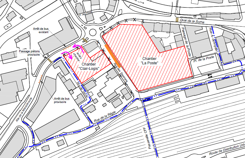 Plan pour itinéraire alternatif pour les piétons lors de la fermeture de la rue des Texerans