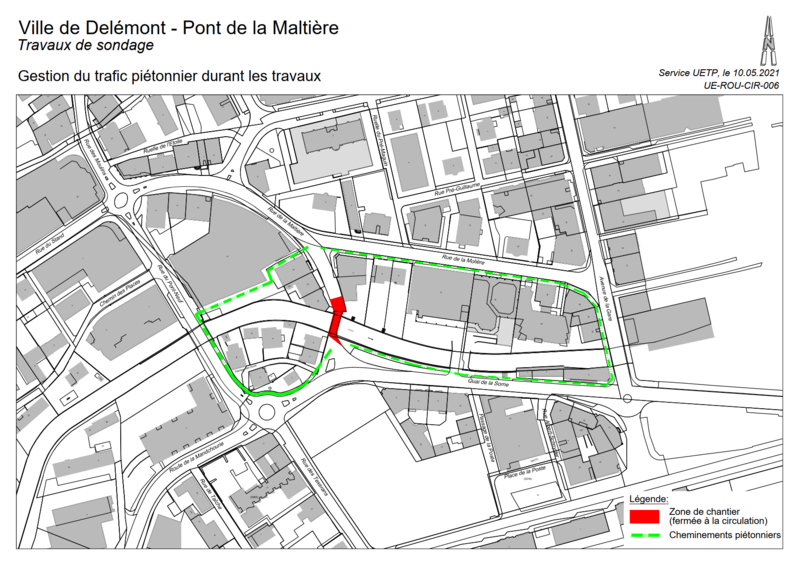 Plan déviation trafic piétons - Fermeture du pont de la Maltière jusqu'à fin juin 2021