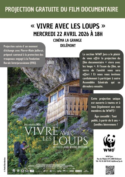 La section WWF Jura a le plaisir de vous offrir la projection du film documentaire « vivre avec les loups » . A l'issue du film, un verre de l' amitié vous sera offert ! Et nous vous invitons cordialement à participer à notre Assemblée Générale qui se déroulera ensuite. La projection sera également suivie d' un moment d'échange avec Pierre-Alain Juillerat, préposé cantonal à la protection des troupeaux engagé à la Fondation Rurale Interjurassienne (FRI)