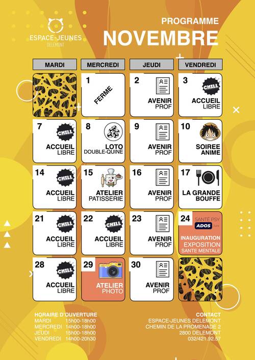 Programme Espace-Jeunes Delémont novembre 2023